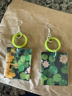 Lily Pad Resin Dangle Earrings with Lime Hoop